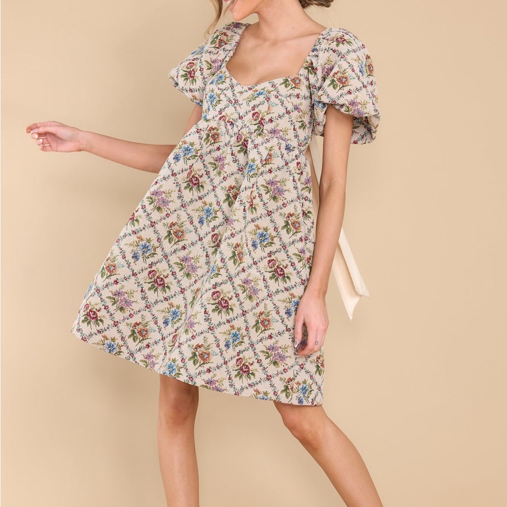 Aura Floral Puff-Sleeve Cream Dress with Pink and Blue Accents